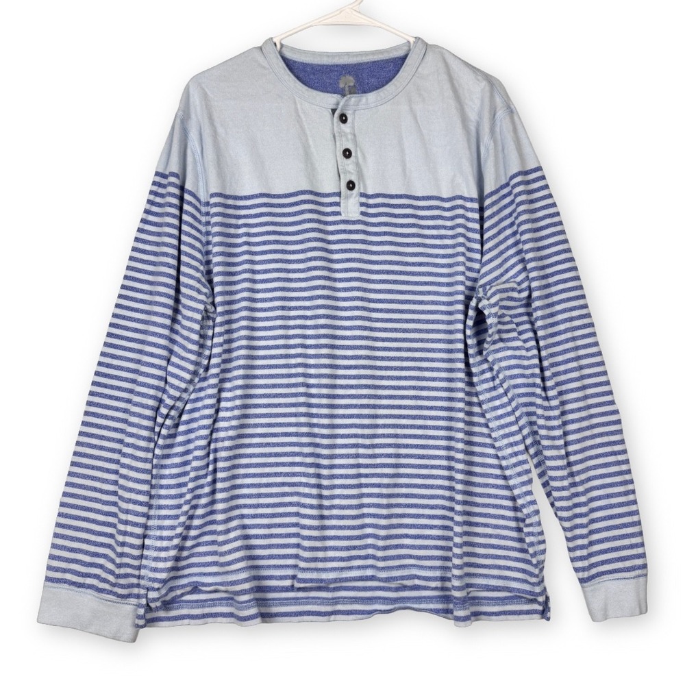 Ocean & Coast Mens XXL Blue Striped Long Sleeve Henley Shirt 100% Cotton